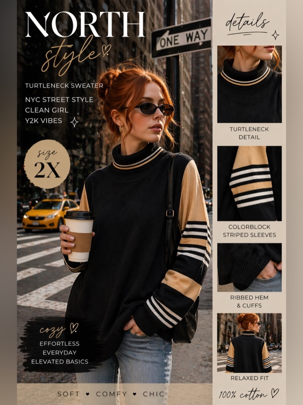 North Style Black Turtleneck Sweater Size 2X Colorblock Sleeve